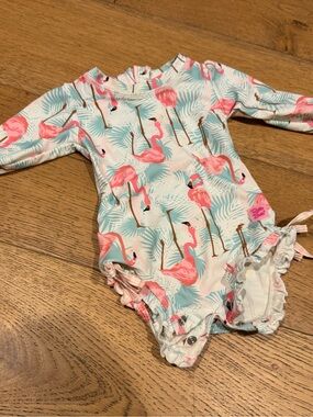 Ruffle Butts - Baby Long Sleeve One-Piece Swimsuit with Pink Flamingo Print -